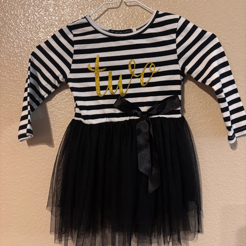 2nd Birthday Striped Black and White Dress with Gold Detail
